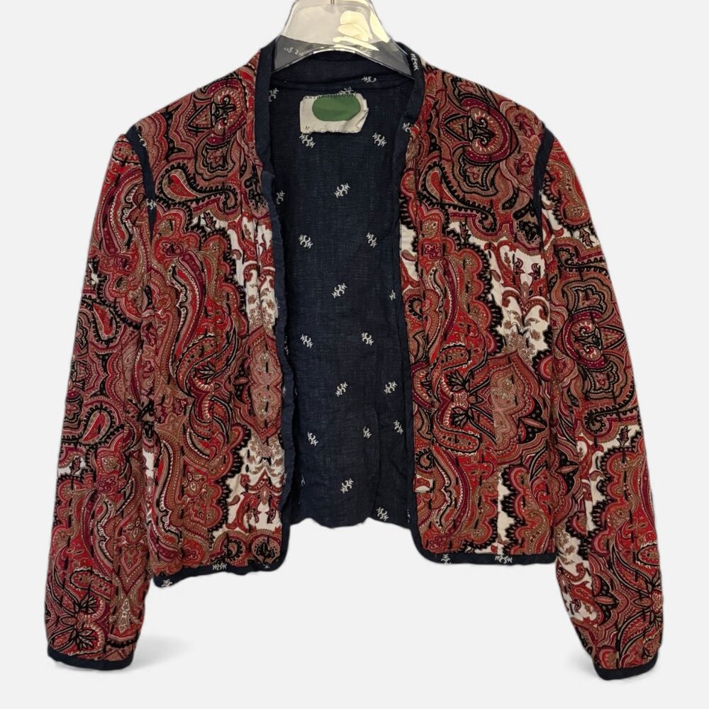 Anthropologie Paisley Quilted Cropped Jacket Boho Artisan Red Navy Size S